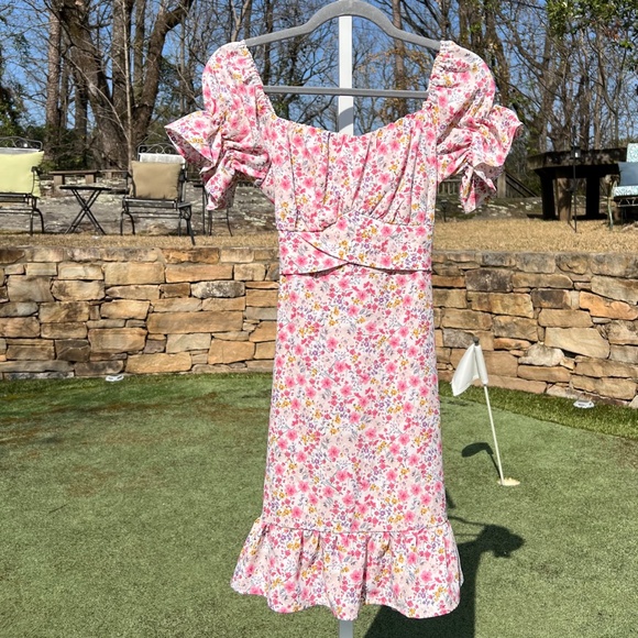Flutter-Sleeve Garden Floral Dress with Apron Tie-Back - Picture 1 of 16